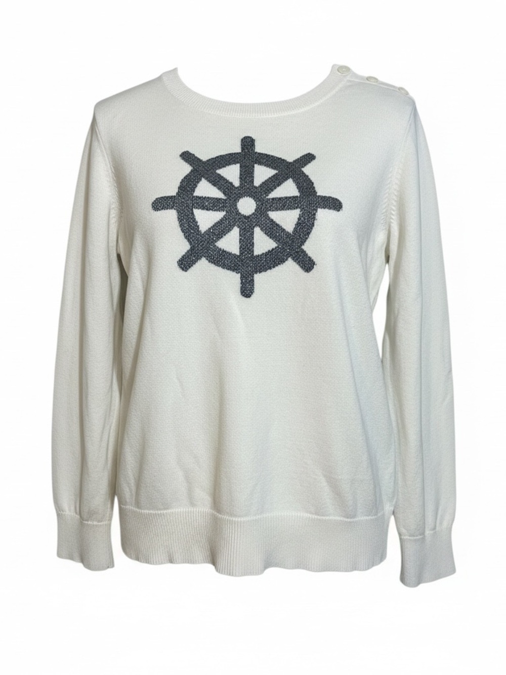 Nautica White Sweater Navy Nautical Wheel and Shoulder Button Detail Women’s L - Picture 2 of 3